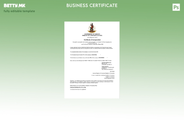 модерен стил Вануату сертификат за регистрација на бизнис Шаблон за Word и PDF ш